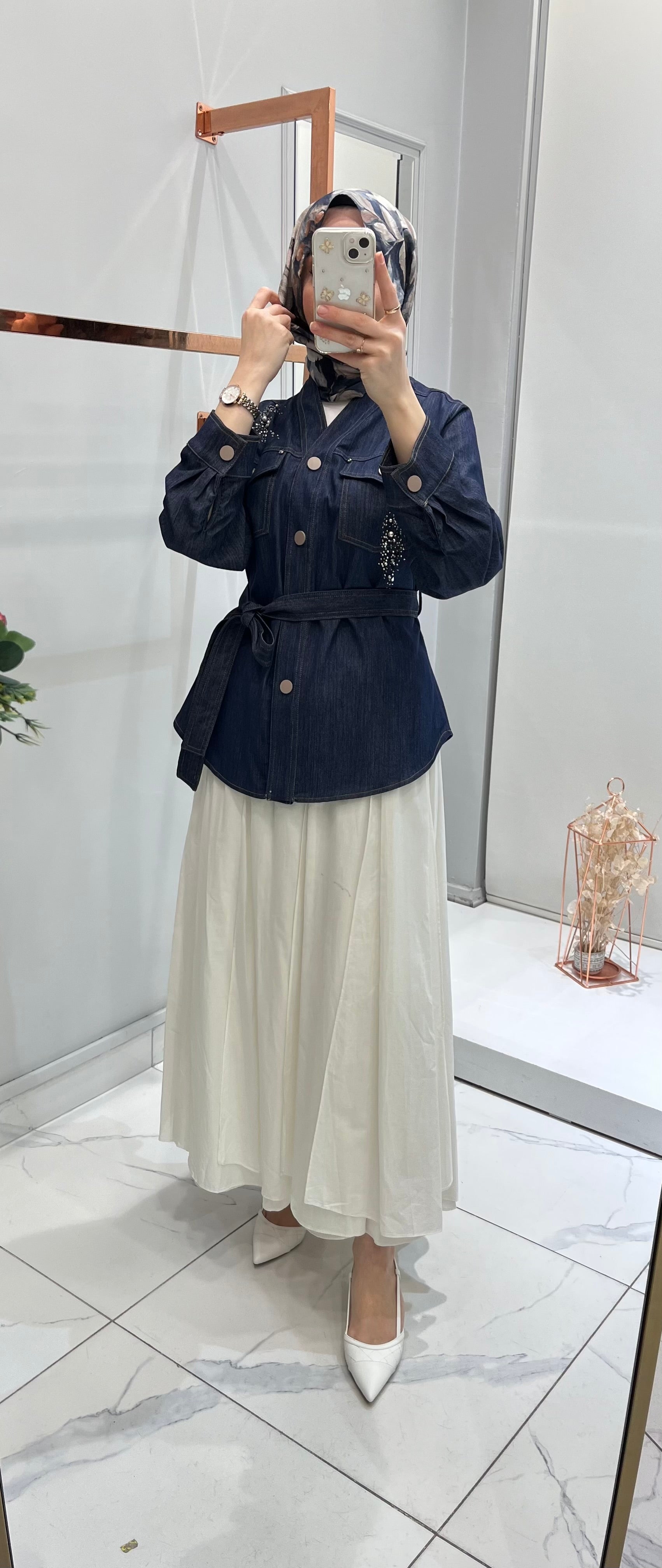 Ceremony Önden Çıtçıt Detaylı Belden Kuşaklı Denim Ceket