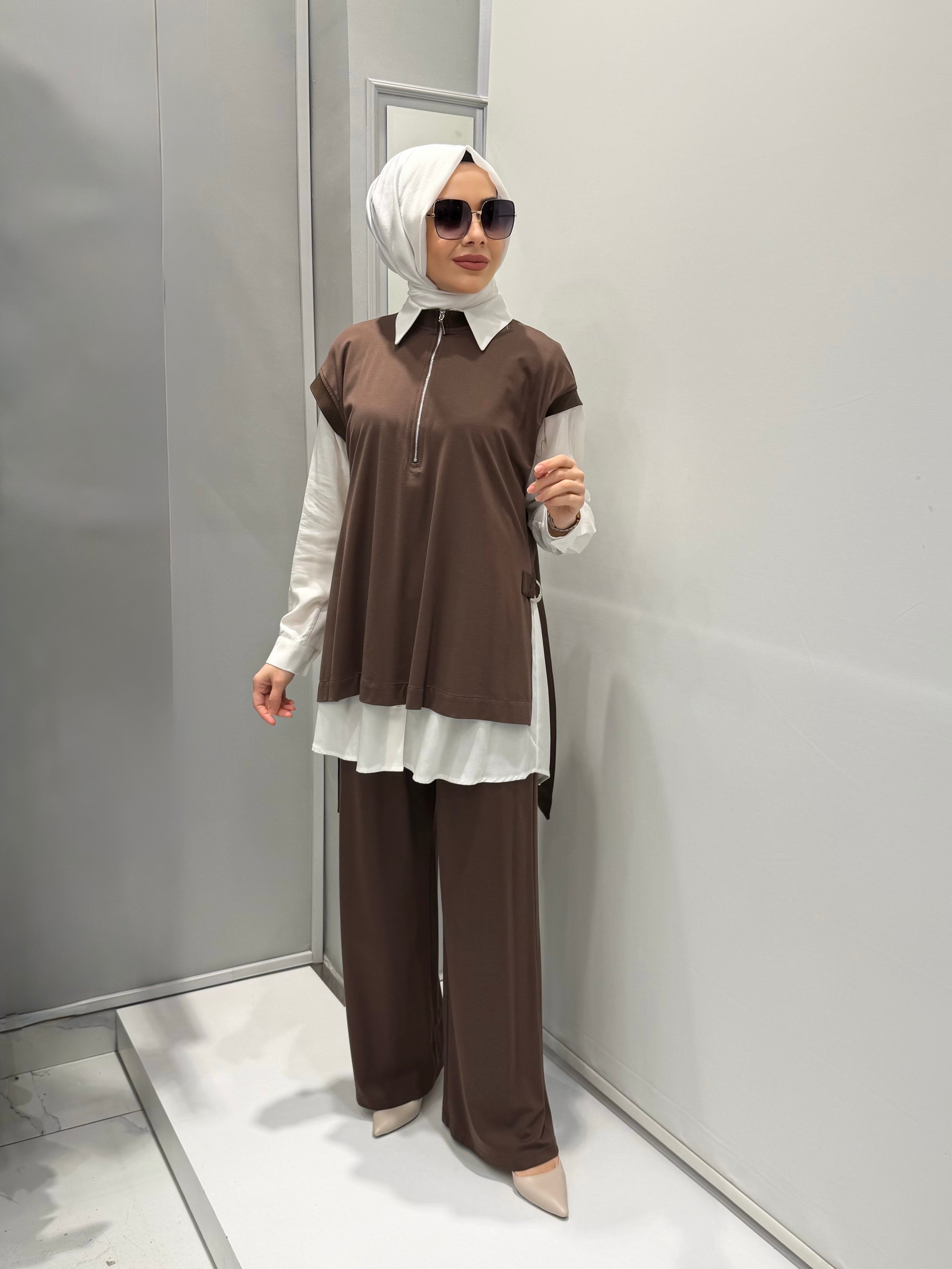 Nurcan Çetin Pantolonlu Takım Kahve