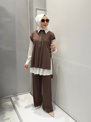 Nurcan Çetin Pantolonlu Takım Kahve