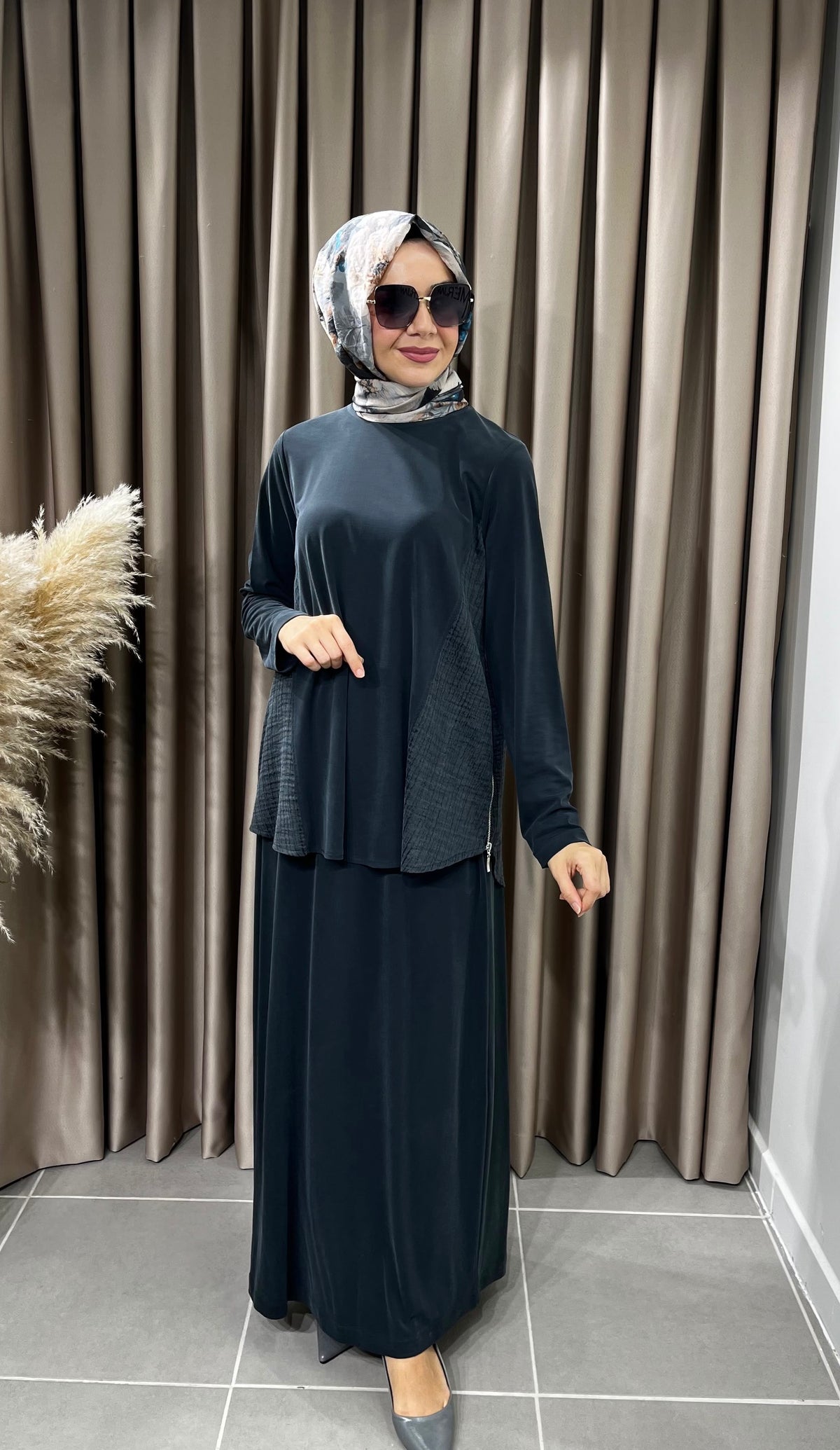 Heddy Yanları Bürümcük Kumaş Kombinli Tunik Etek Takım