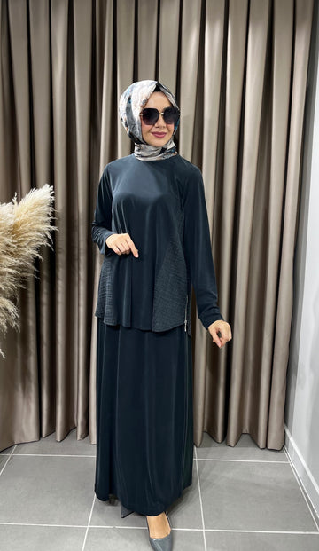 Heddy Yanları Bürümcük Kumaş Kombinli Tunik Etek Takım