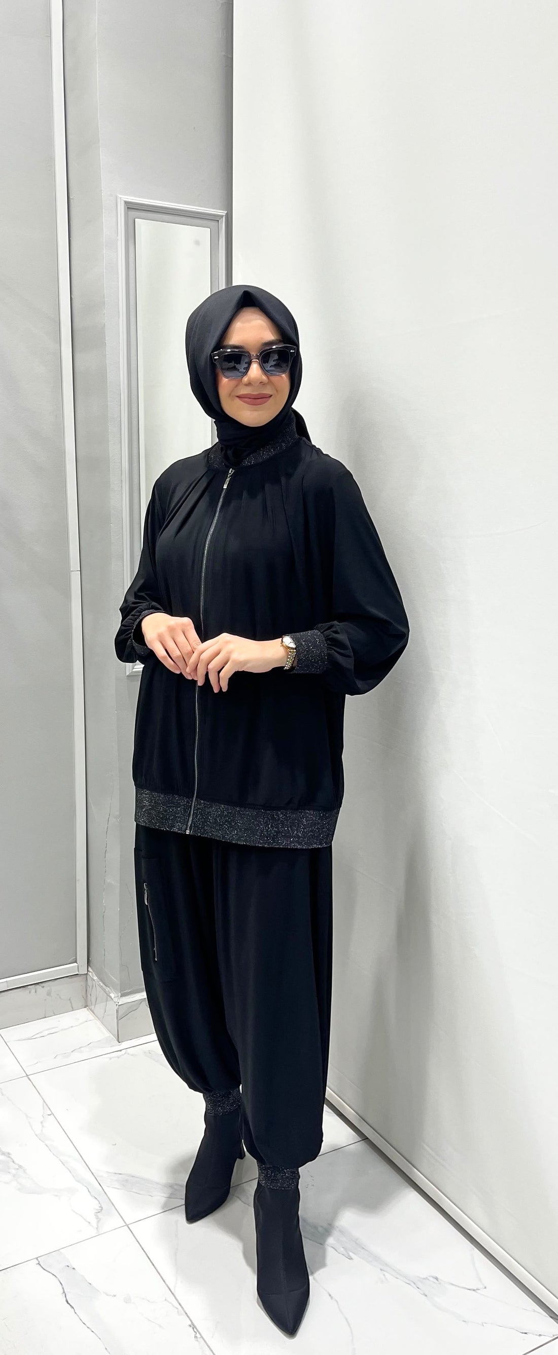 Nurcan Çetin Ribanalı Önden Fermuarlı Ceket Şalvar Takım