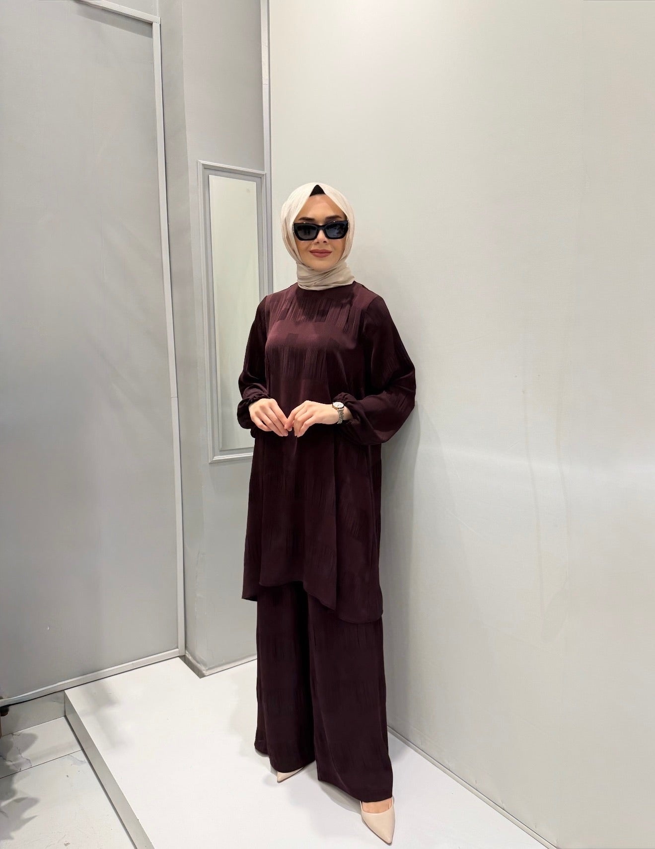 Nurcan Çetin Kare Desenli Tunik Pantolon Takım 10425
