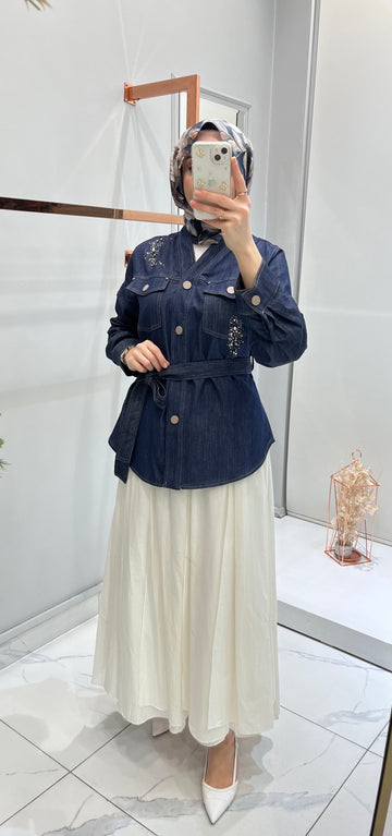 Ceremony Önden Çıtçıt Detaylı Belden Kuşaklı Denim Ceket