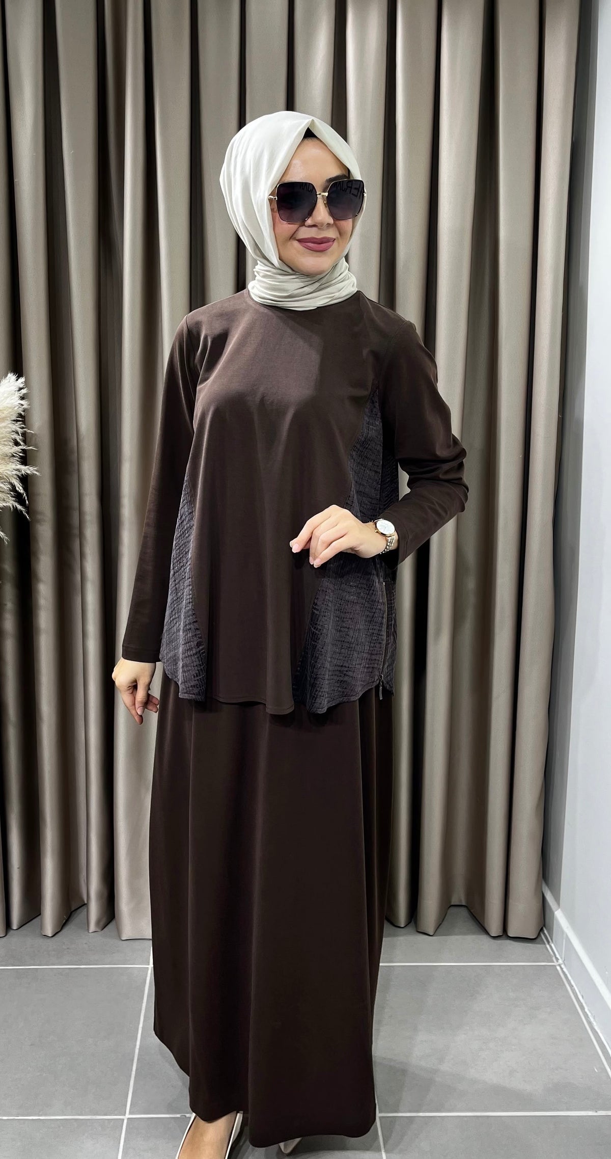 Heddy Yanları Bürümcük Kumaş Kombinli Tunik Etek Takım