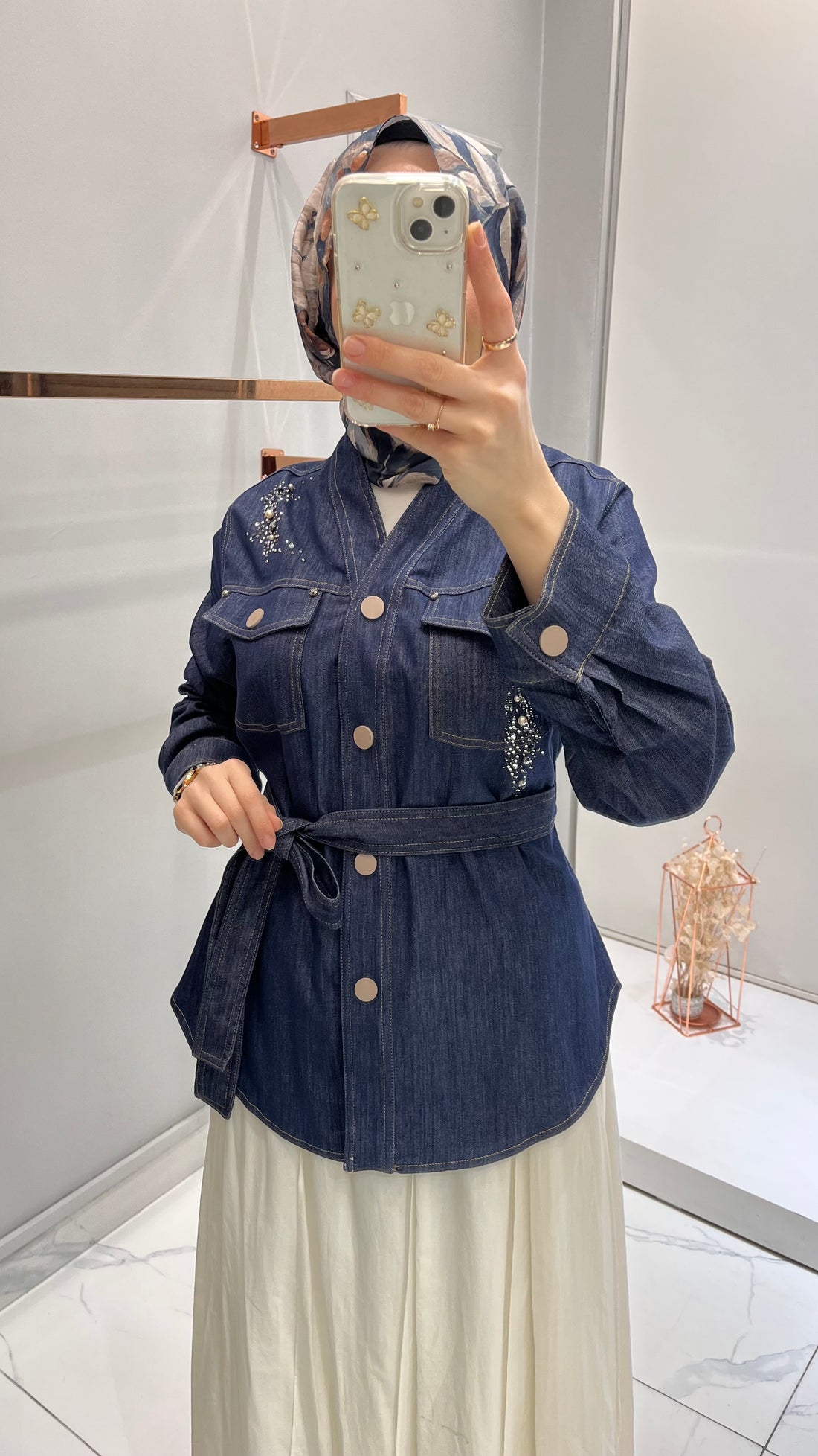 Ceremony Önden Çıtçıt Detaylı Belden Kuşaklı Denim Ceket