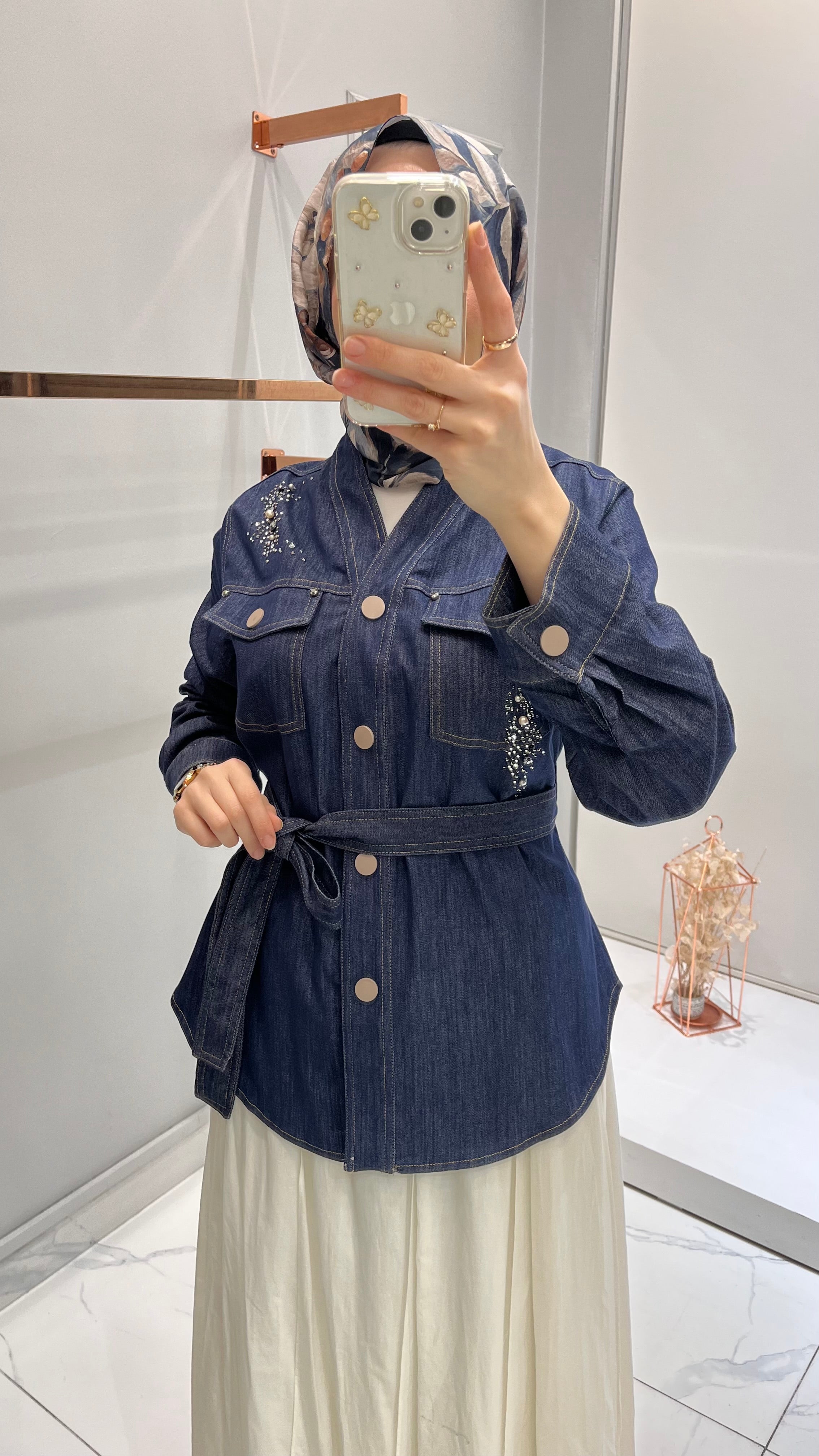 Ceremony Önden Çıtçıt Detaylı Belden Kuşaklı Denim Ceket